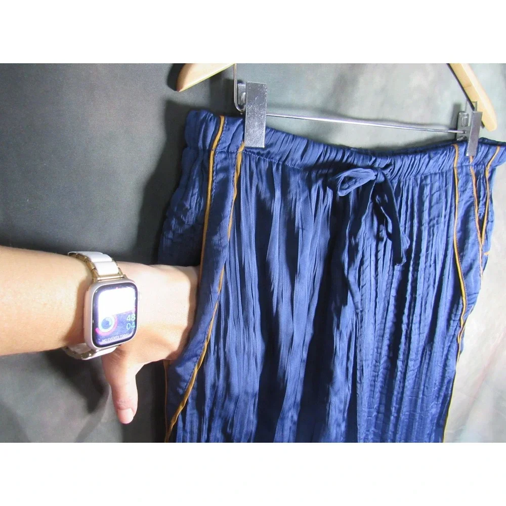Free People Navy Blue Crinkle Wide Leg Pants Gold Piping XL